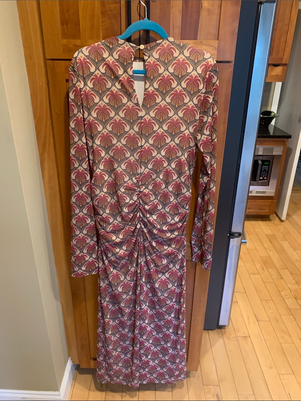 Long Sleeve Rust/Tan/Maroon Patterned Farm Rio Mesh/Rouched Maxi Dress - Picture 6 of 6